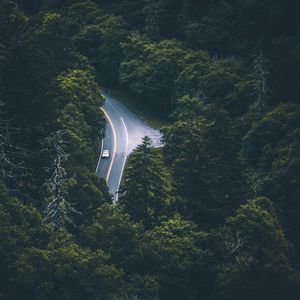 Preview wallpaper trees, car, road, aerial view, movement