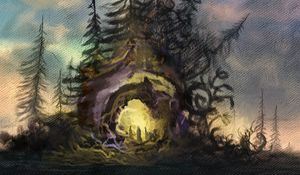 Preview wallpaper trees, cave, portal, silhouettes, canvas, art