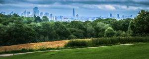 Preview wallpaper trees, city, buildings, meadow