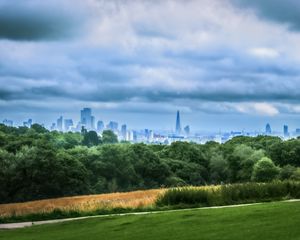 Preview wallpaper trees, city, buildings, meadow