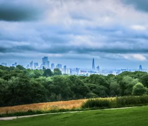 Preview wallpaper trees, city, buildings, meadow