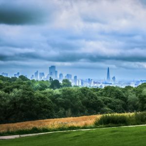 Preview wallpaper trees, city, buildings, meadow