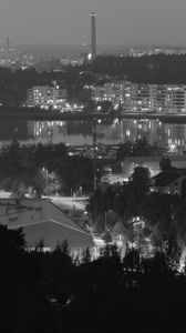 Preview wallpaper trees, city, buildings, dark, bw