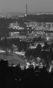 Preview wallpaper trees, city, buildings, dark, bw