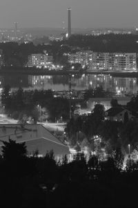 Preview wallpaper trees, city, buildings, dark, bw