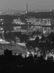Preview wallpaper trees, city, buildings, dark, bw