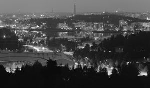 Preview wallpaper trees, city, buildings, dark, bw