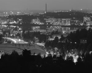 Preview wallpaper trees, city, buildings, dark, bw