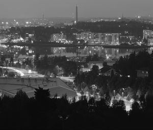 Preview wallpaper trees, city, buildings, dark, bw