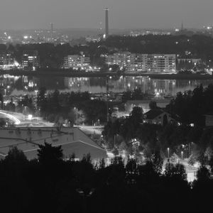 Preview wallpaper trees, city, buildings, dark, bw