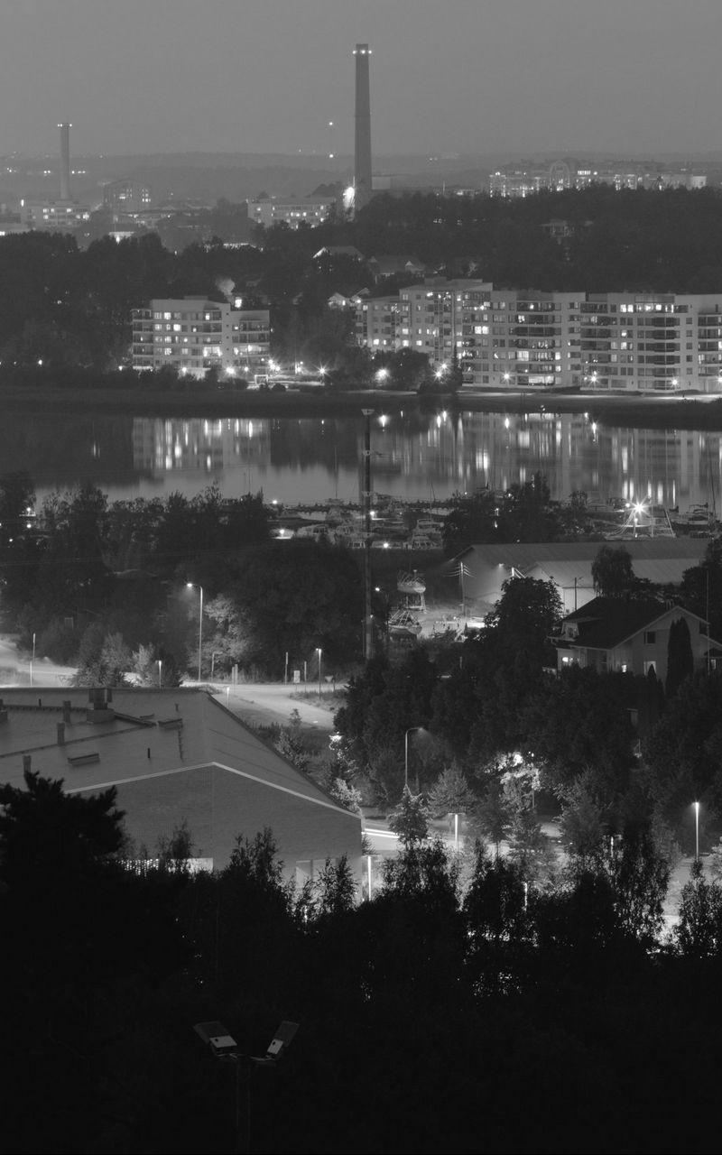 800x1280 Wallpaper trees, city, buildings, dark, bw