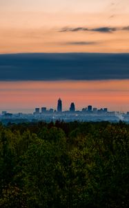 Preview wallpaper trees, city, twilight, view, tops, clouds