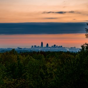 Preview wallpaper trees, city, twilight, view, tops, clouds