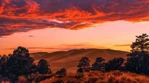 Preview wallpaper trees, clouds, hills, sunset