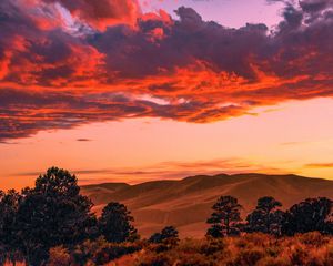 Preview wallpaper trees, clouds, hills, sunset