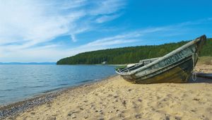 Preview wallpaper trees, coast, river, siberia, wood, sand, boat