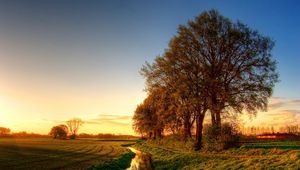 Preview wallpaper trees, ditch, water, channel, field, light, evening