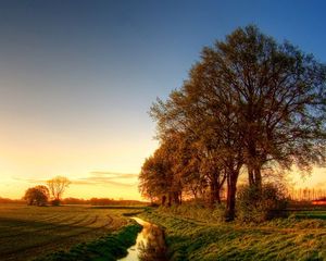Preview wallpaper trees, ditch, water, channel, field, light, evening
