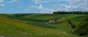 Preview wallpaper trees, fields, hills, grass, clouds