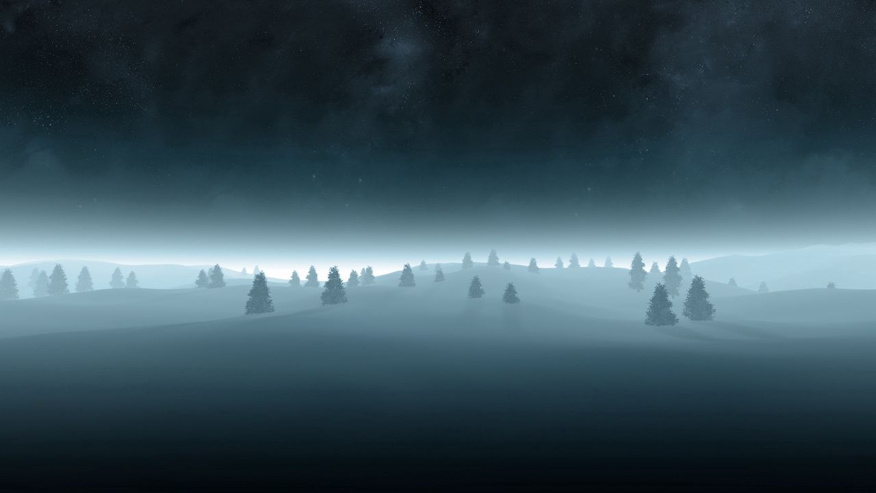 Wallpaper trees, fir-trees, snow, outlines, gloomy, fog, darkness
