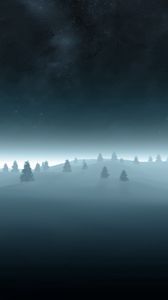 Preview wallpaper trees, fir-trees, snow, outlines, gloomy, fog, darkness