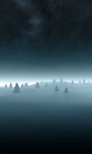 Preview wallpaper trees, fir-trees, snow, outlines, gloomy, fog, darkness