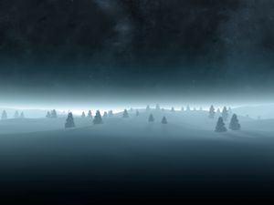 Preview wallpaper trees, fir-trees, snow, outlines, gloomy, fog, darkness