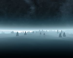 Preview wallpaper trees, fir-trees, snow, outlines, gloomy, fog, darkness