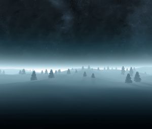 Preview wallpaper trees, fir-trees, snow, outlines, gloomy, fog, darkness