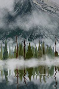 Preview wallpaper trees, fog, mountains, peaks, art