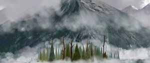 Preview wallpaper trees, fog, mountains, peaks, art