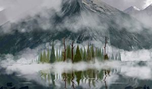 Preview wallpaper trees, fog, mountains, peaks, art