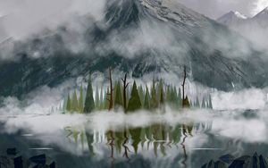 Preview wallpaper trees, fog, mountains, peaks, art