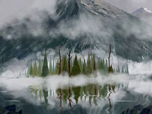 Preview wallpaper trees, fog, mountains, peaks, art