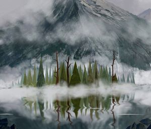 Preview wallpaper trees, fog, mountains, peaks, art