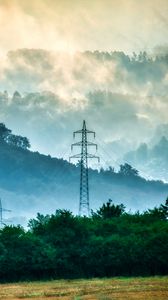 Preview wallpaper trees, fog, wires, clouds