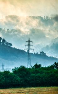 Preview wallpaper trees, fog, wires, clouds