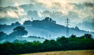 Preview wallpaper trees, fog, wires, clouds