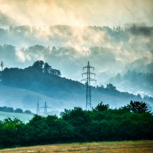 Preview wallpaper trees, fog, wires, clouds