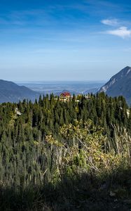 Preview wallpaper trees, forest, mountains, house, nature, sky