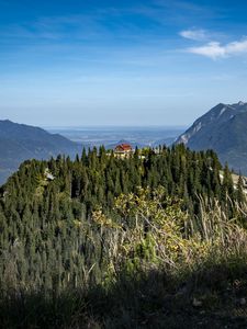 Preview wallpaper trees, forest, mountains, house, nature, sky