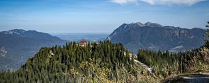 Preview wallpaper trees, forest, mountains, house, nature, sky