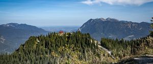 Preview wallpaper trees, forest, mountains, house, nature, sky