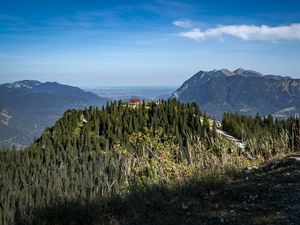 Preview wallpaper trees, forest, mountains, house, nature, sky