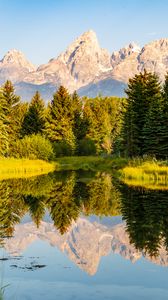 Preview wallpaper trees, forest, mountains, pond, reflection, landscape, nature