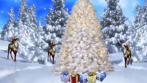 Preview wallpaper trees, forests, snowflakes, snow, reindeer, gifts, holiday