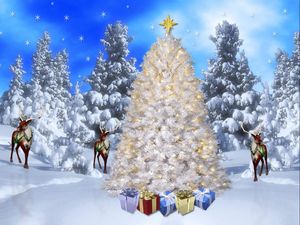 Preview wallpaper trees, forests, snowflakes, snow, reindeer, gifts, holiday