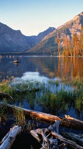 Preview wallpaper trees, fragments, lake, grass, mountains