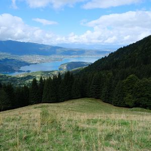 Preview wallpaper trees, grass, river, mountains, clouds