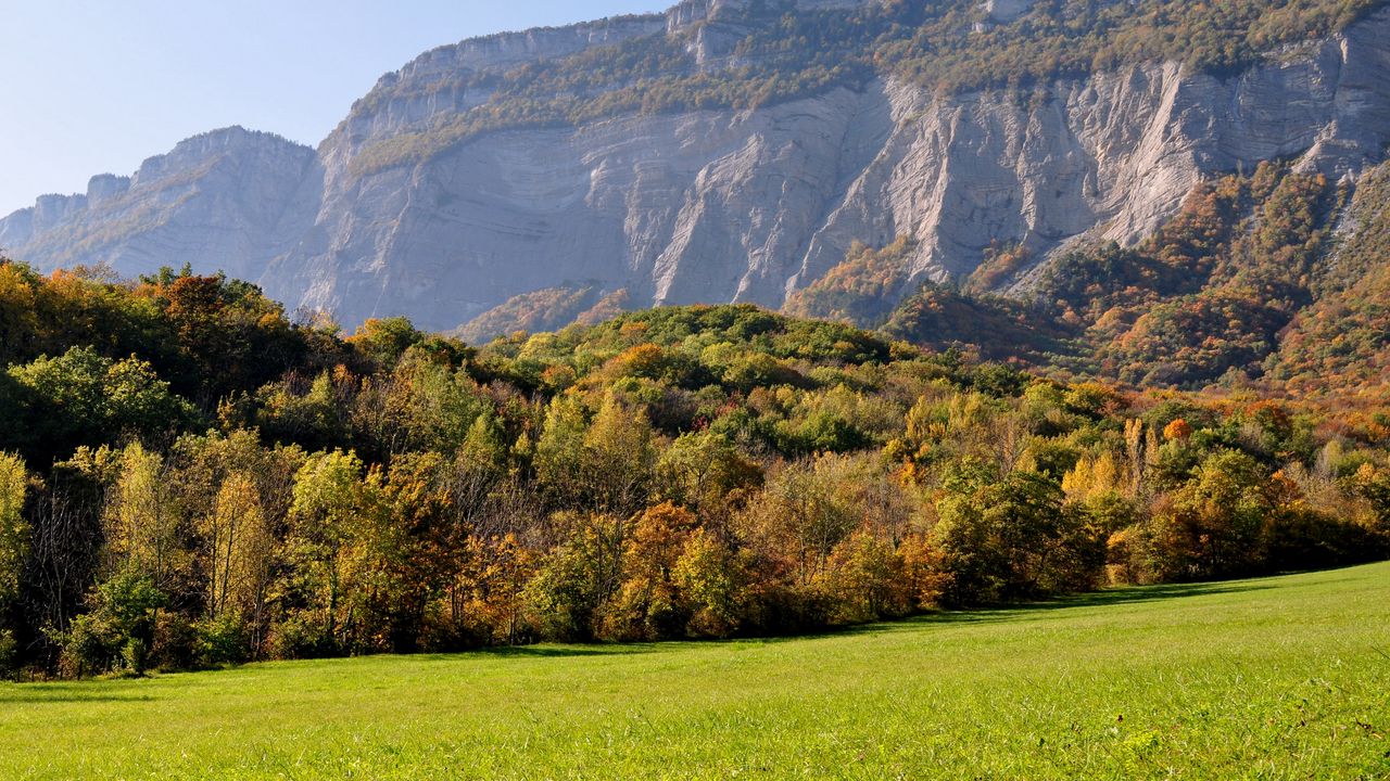 Wallpaper trees, grass, rocks, mountains, sky
